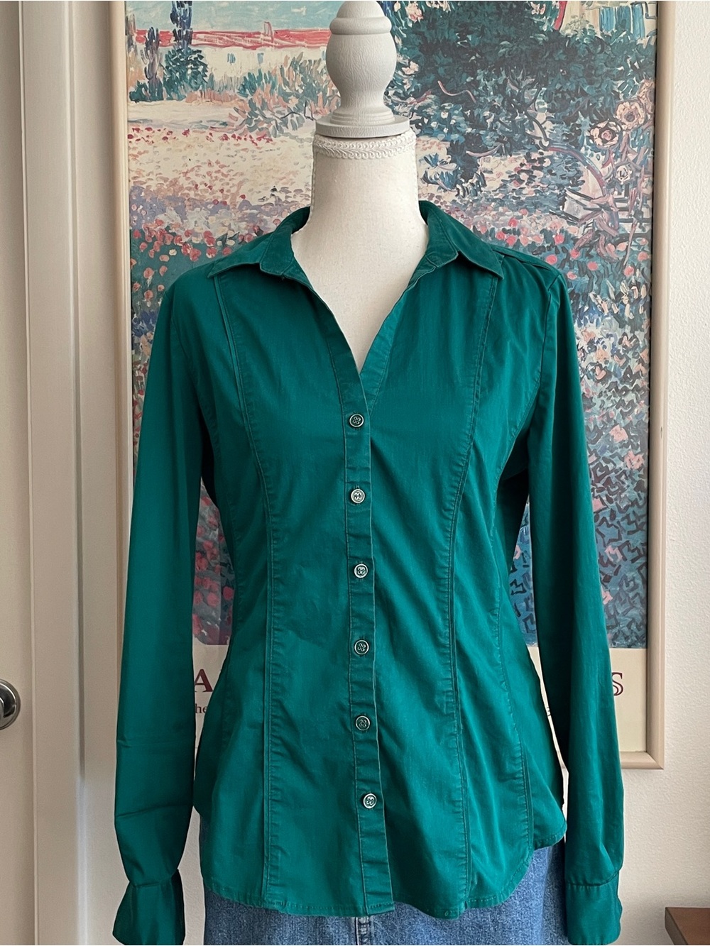 Teal Green Button Down Shirt S Fitted Collared New York & Company Y2K Preppy